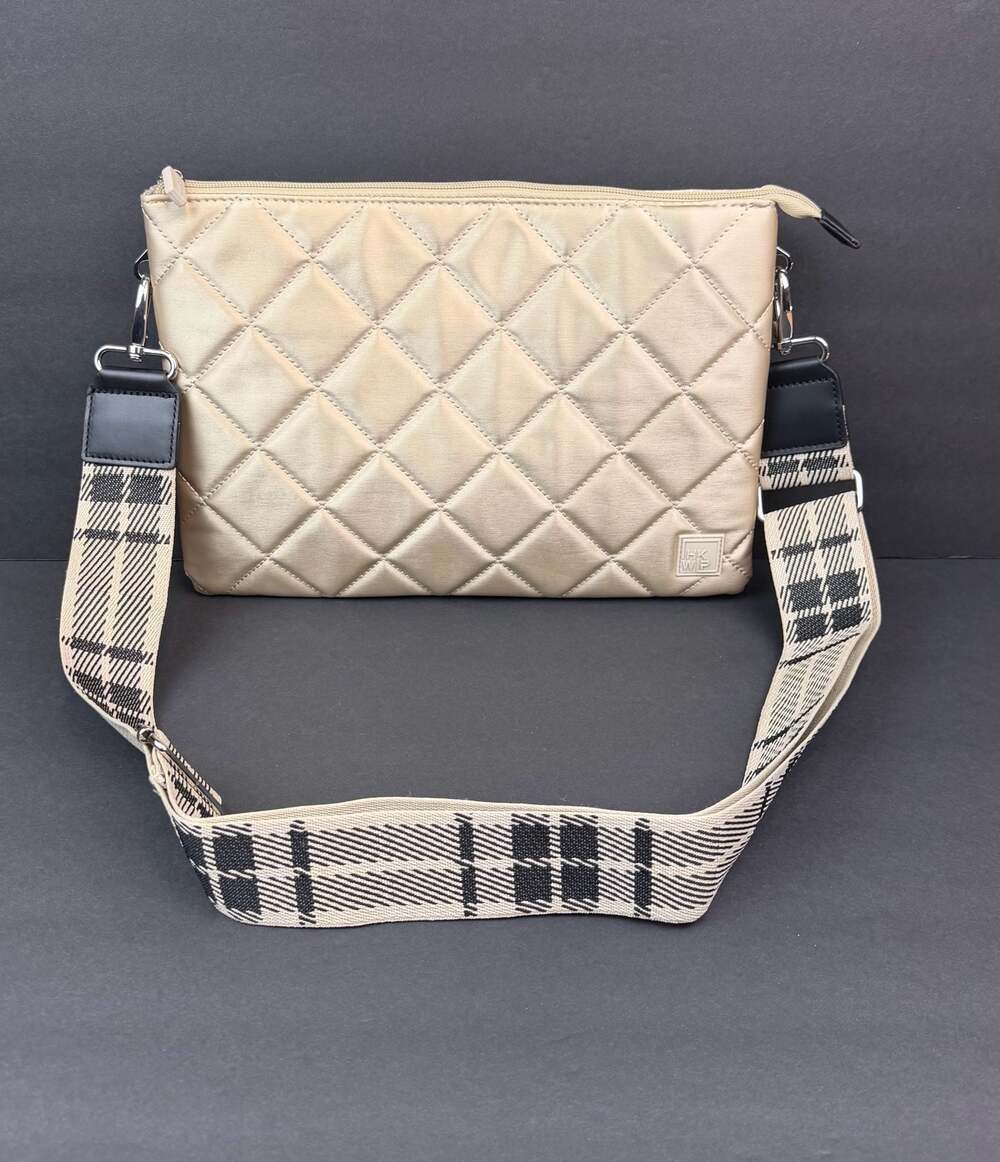 IHKWIP The Trio Trapeze Quilted Crossbody with Plaid Strap in Metallic Champagne
